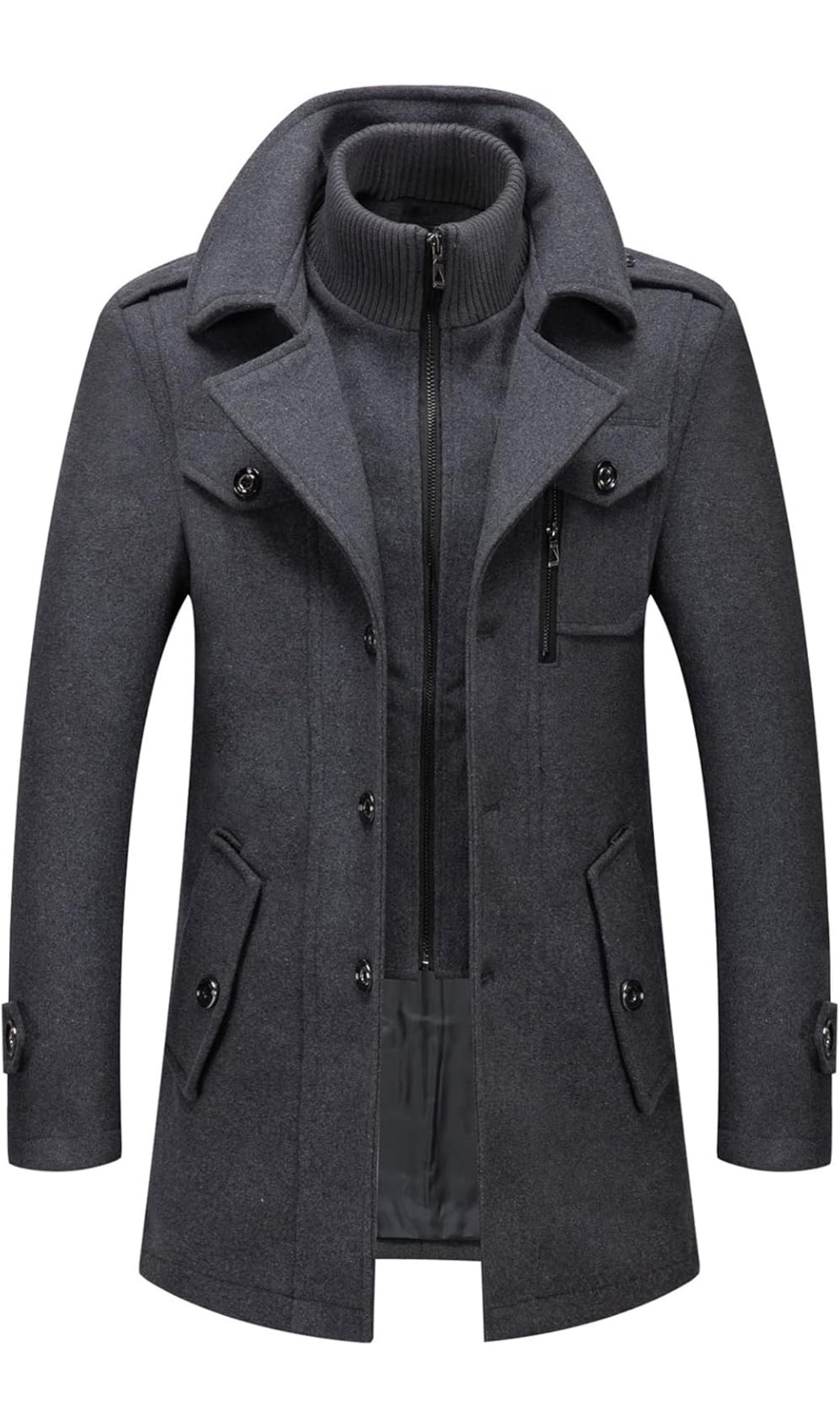 CHARTOU Men's Thermal Single Breasted Wool Blend Coat Business Peacoat with Detachable Zipper